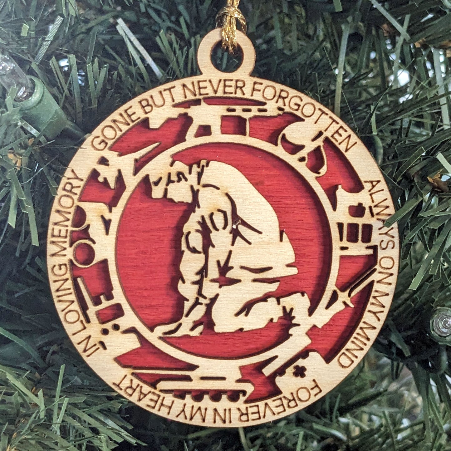 Patriotic Marine Soldier Kneeling Christmas Ornament - Handmade Wood Laser Cut Military Keepsake