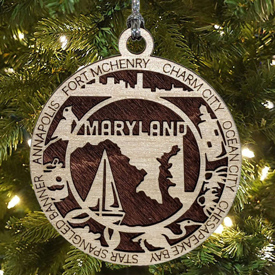 Maryland State Pride 3D Wood Laser Cut Ornament: Featuring Iconic Maryland Symbols and Custom Background Colors