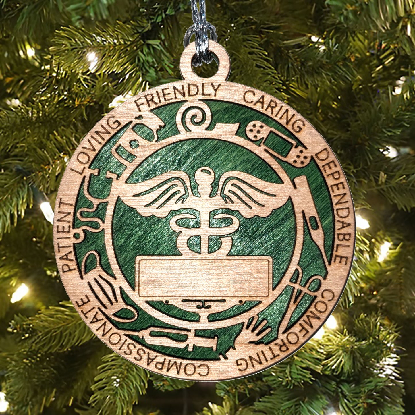 Handcrafted 3" Round Wooden Medical Christmas Ornament, 2-Layer Design with Caduceus & Medical Icons, Customizable Text & Color Background, Perfect Gift for Healthcare Professionals, Made in USA