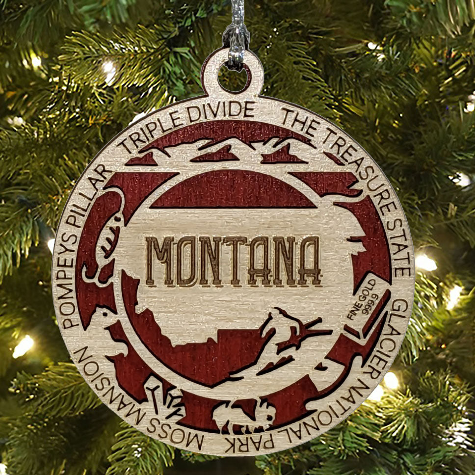 Montana State Pride 3D Wood Laser Cut Ornament: Featuring Iconic Montana Symbols and Custom Background Colors