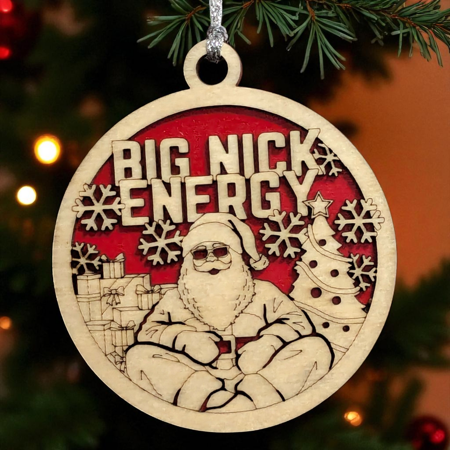 3" Round Two Layer Laser Cut Ornament - Funny Santa 'Big Nick Energy' Sarcastic Holiday Decor, Handcrafted in USA, Natural Wood & Stained/Painted Finish, Perfect Xmas Gift & Festive Tree Decoration