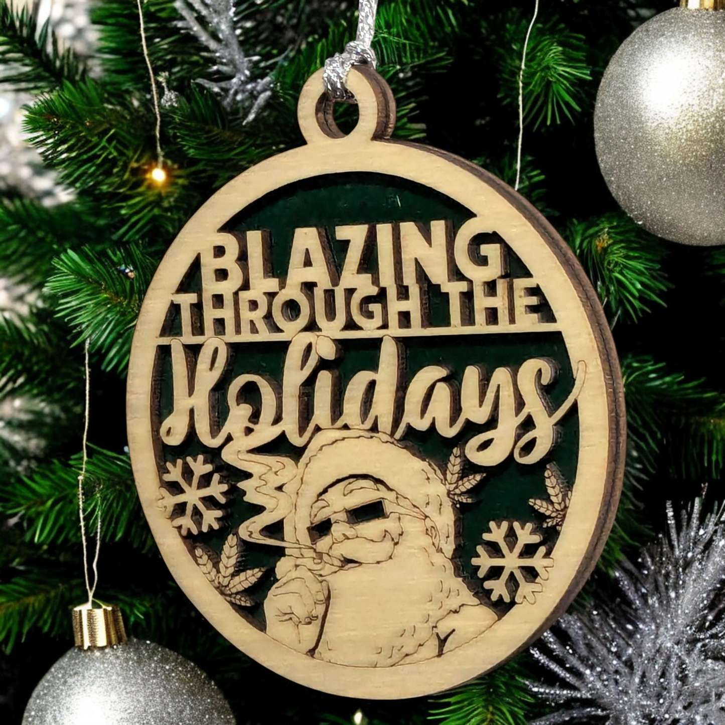 3" Round Two Layer Laser Cut Wooden Ornament - Funny Santa Weed Marijuana Design, Handmade in USA - Sarcastic Humor Christmas Decoration, Stoner Gag Gift, 420 Friendly Festive Xmas Tree Decor