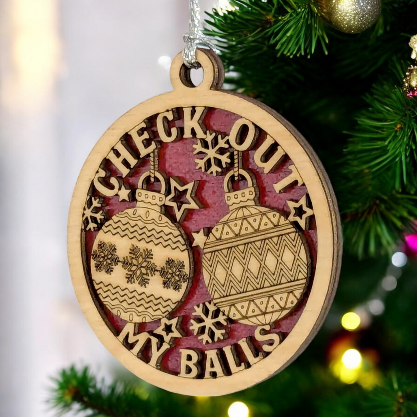 Naughty Christmas Ornament - "Check Out My Balls" - 3" Round Laser Cut Wood - Funny Adult Humor Holiday Decoration - Handmade in USA