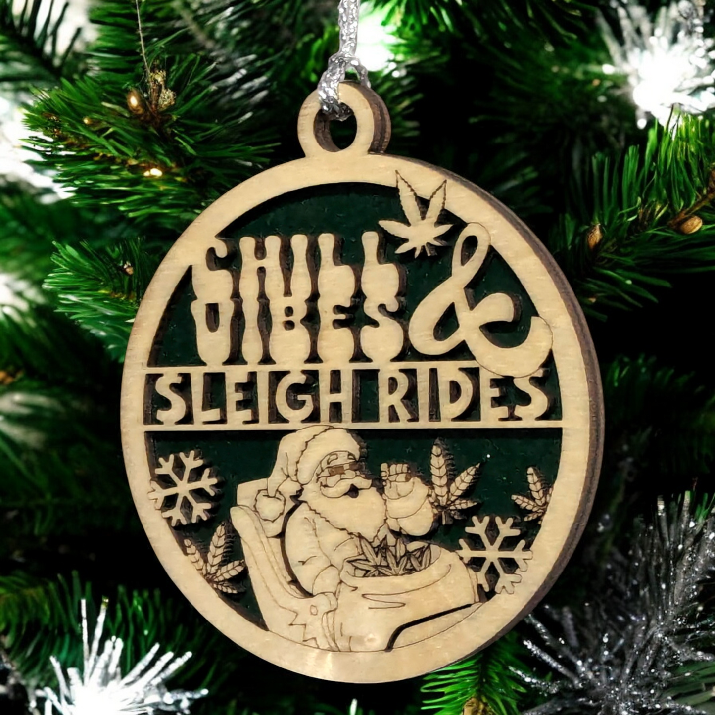 3" Round Two-Layer Laser Cut Ornament - Funny Santa Sleigh Weed Design, Handmade in USA, Natural Wood Stained & Painted - Chill Vibes Sarcastic Humor Adult Gag Gift Christmas Tree Decor