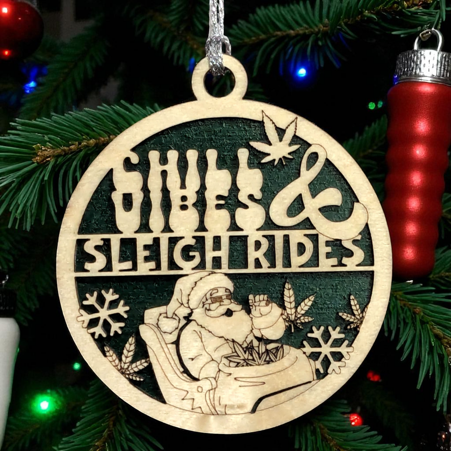 3" Round Two-Layer Laser Cut Ornament - Funny Santa Sleigh Weed Design, Handmade in USA, Natural Wood Stained & Painted - Chill Vibes Sarcastic Humor Adult Gag Gift Christmas Tree Decor
