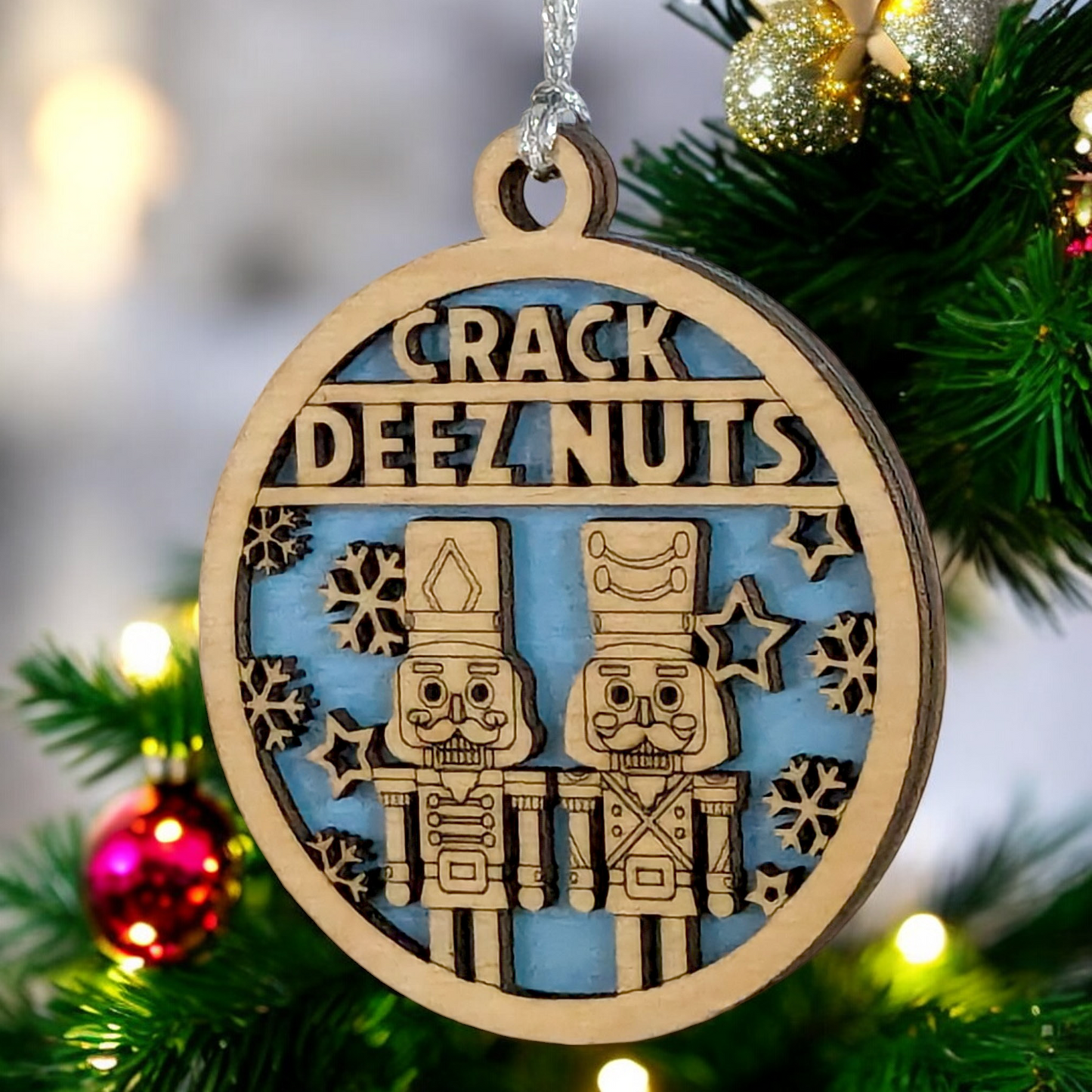 Lewd Holiday Humor - 3" Wooden "Crack Deez Nuts" Ornament with Nutcrackers - Handcrafted in Oregon