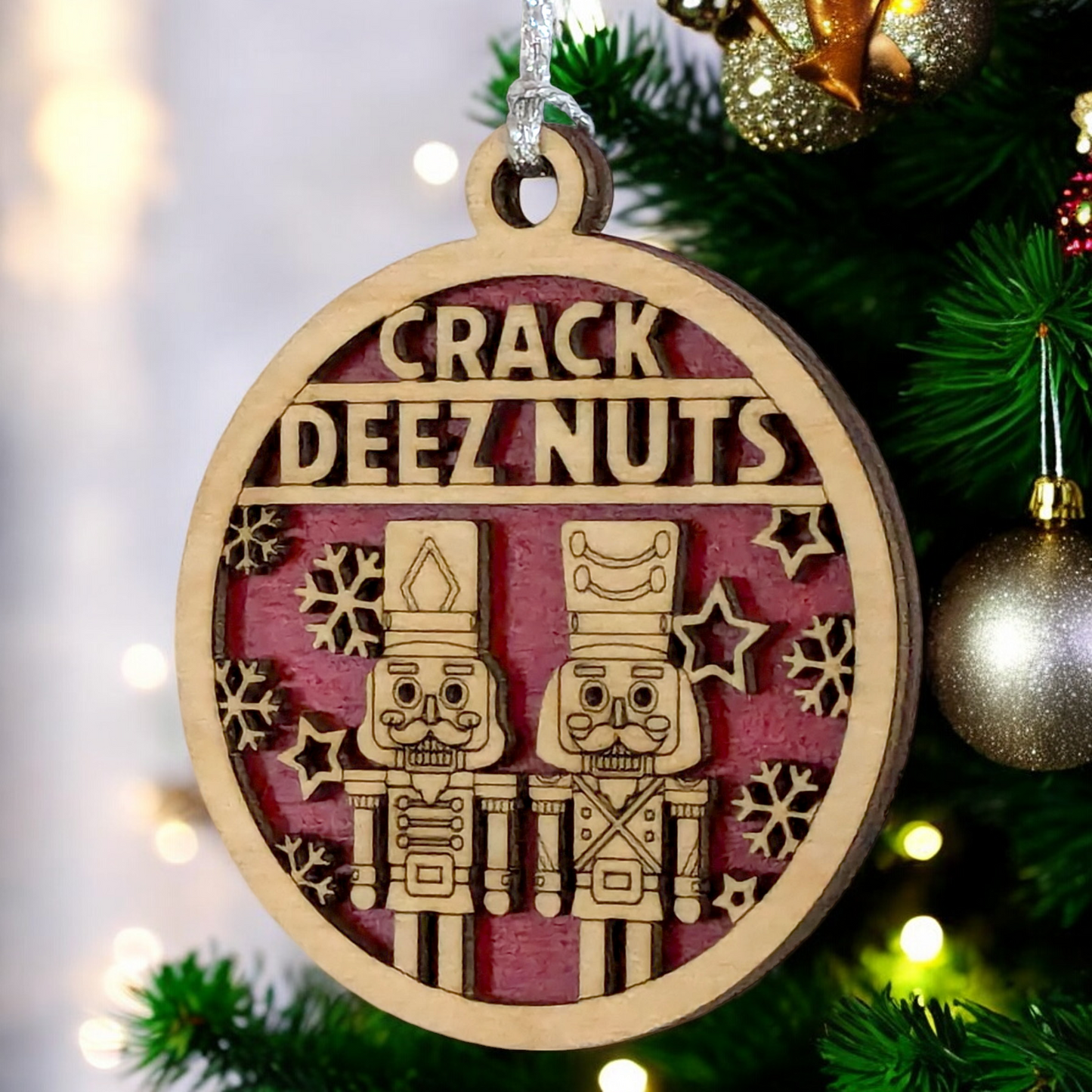 Lewd Holiday Humor - 3" Wooden "Crack Deez Nuts" Ornament with Nutcrackers - Handcrafted in Oregon