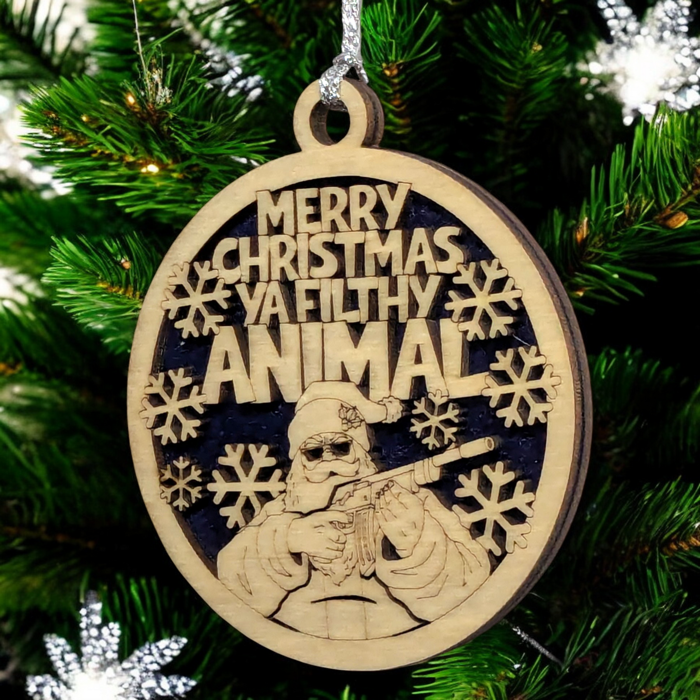 Funny Santa Rifle Christmas Ornament - 3" Round, Two Layer Laser Cut Wood Design with Snowflakes & 'Merry Christmas Ya Filthy Animal' Phrase, Handmade in USA, Rustic Holiday Tree Decoration Gift