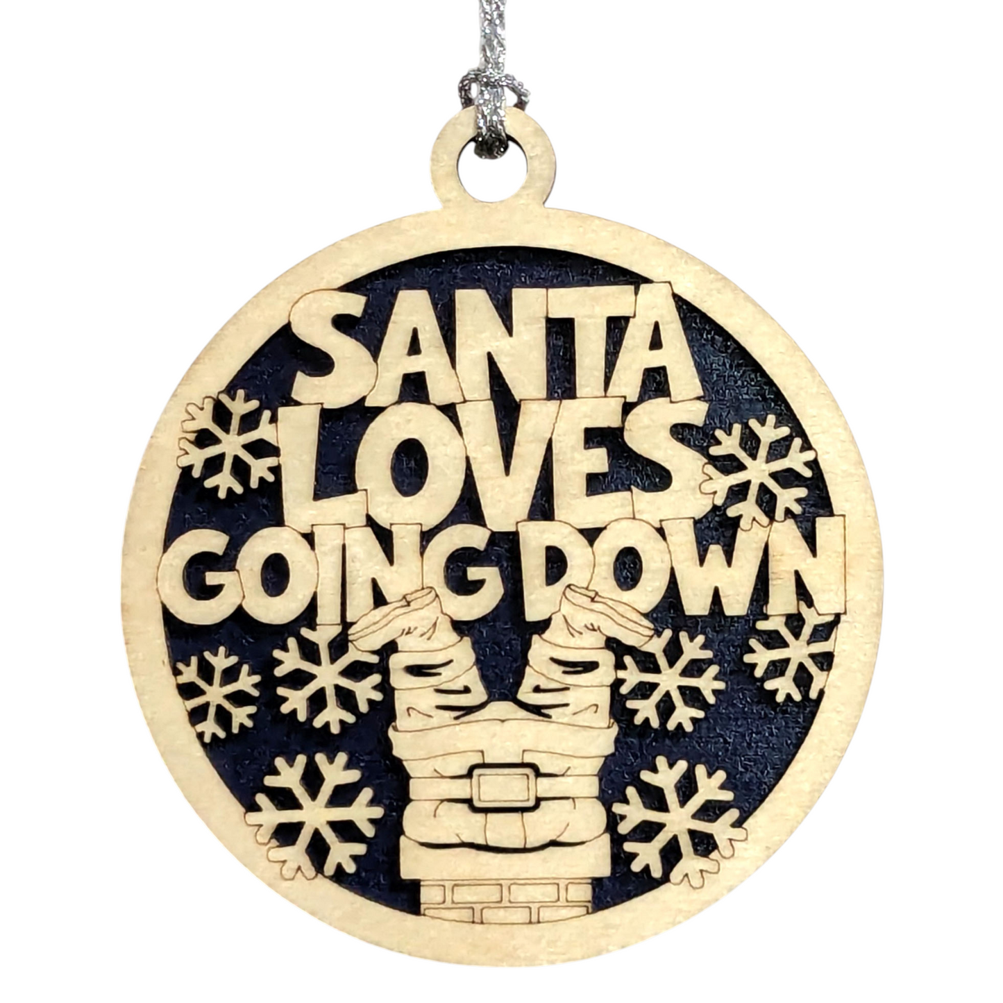 3" Round Two-Layer Laser Cut Ornament - Handcrafted in USA, Funny Santa Chimney Legs Design with Snowflakes, Natural Wood Top & Stained/Painted Bottom - Sarcastic Holiday Gag Gift for Christmas Decor