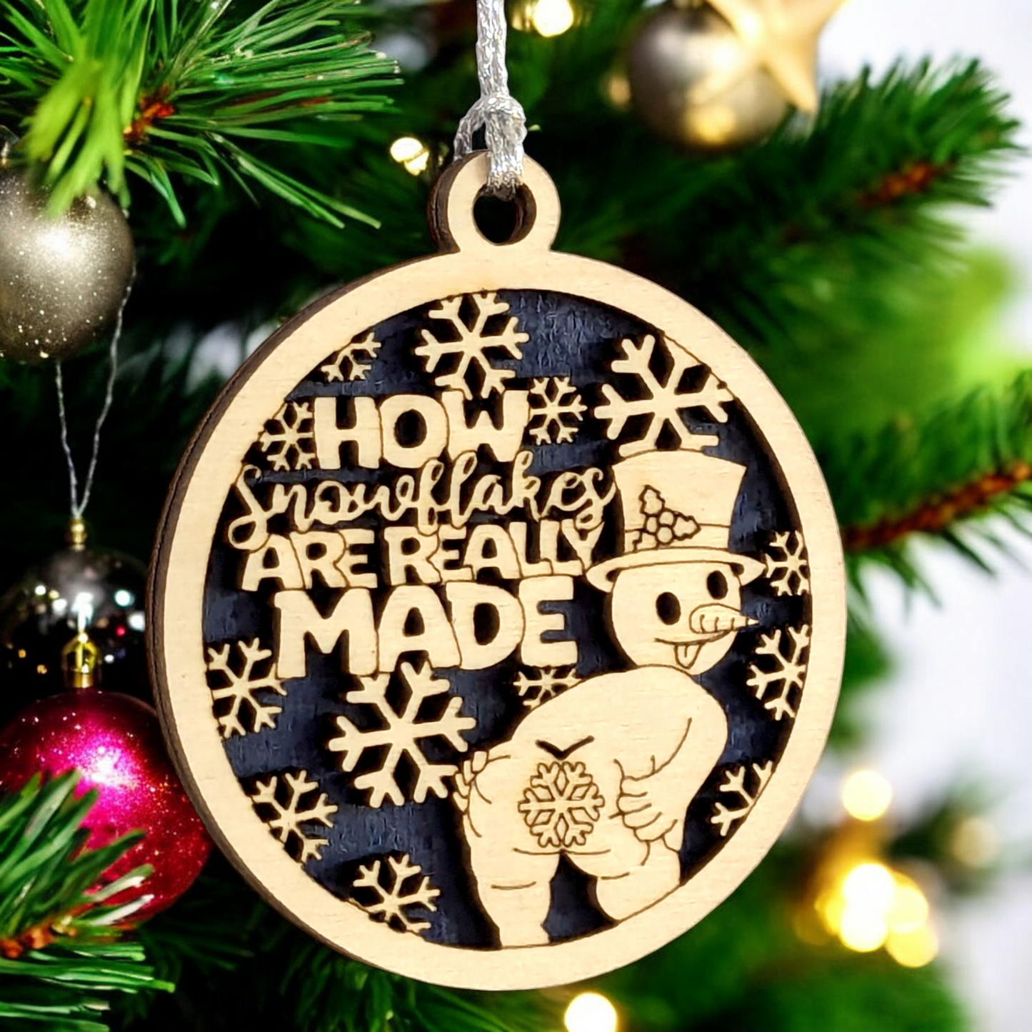 Naughty Snowman Christmas Ornament - How Snowflakes Are Really Made - Funny Adult Humor Laser Cut Wood Decoration