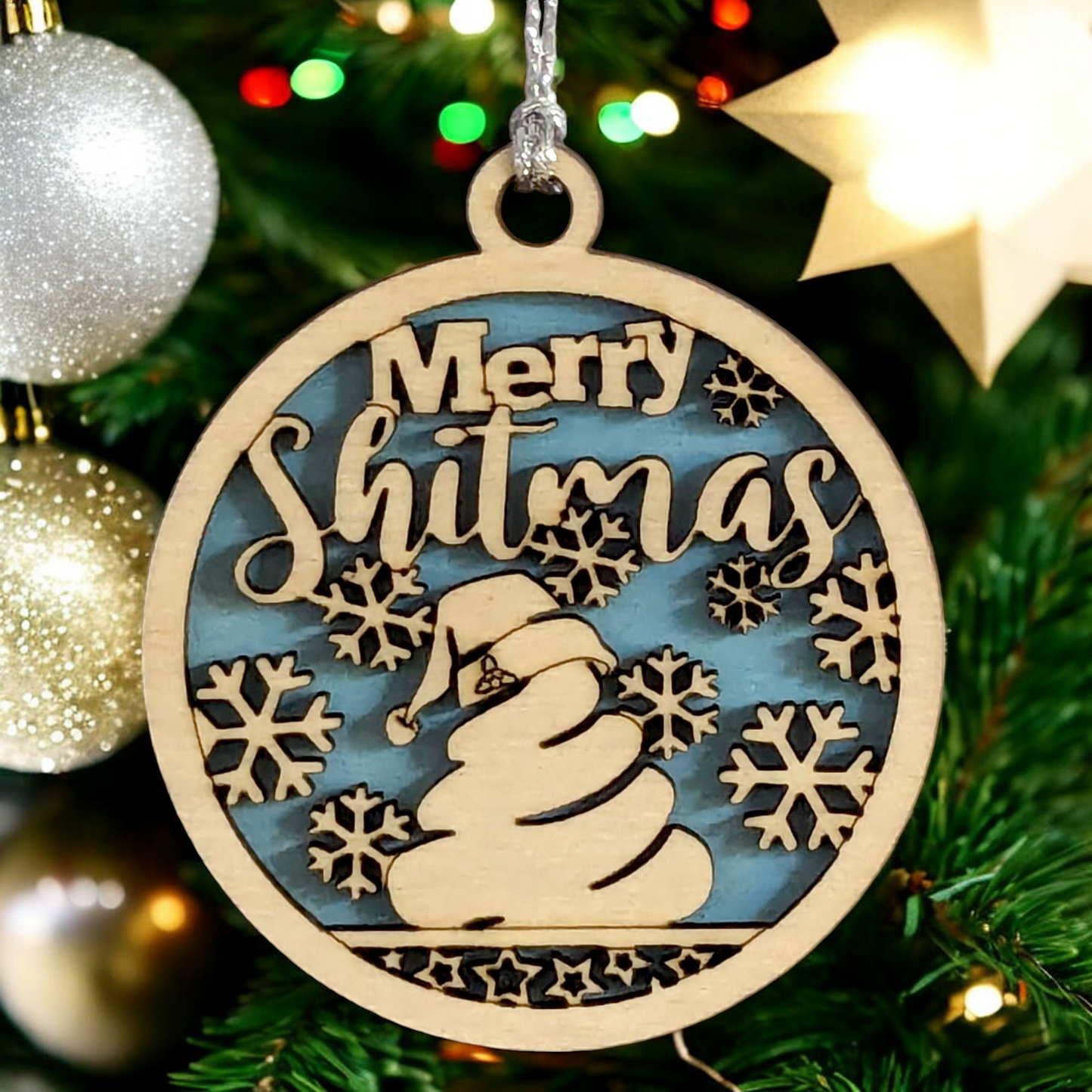 Naughty "Merry Shitmas" 3" Wood Ornament - Funny Adult Gag Gift for Christmas Tree Decor