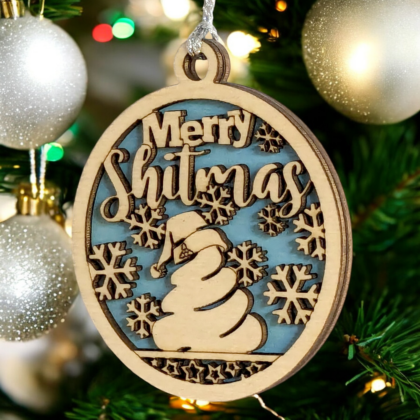 Naughty "Merry Shitmas" 3" Wood Ornament - Funny Adult Gag Gift for Christmas Tree Decor