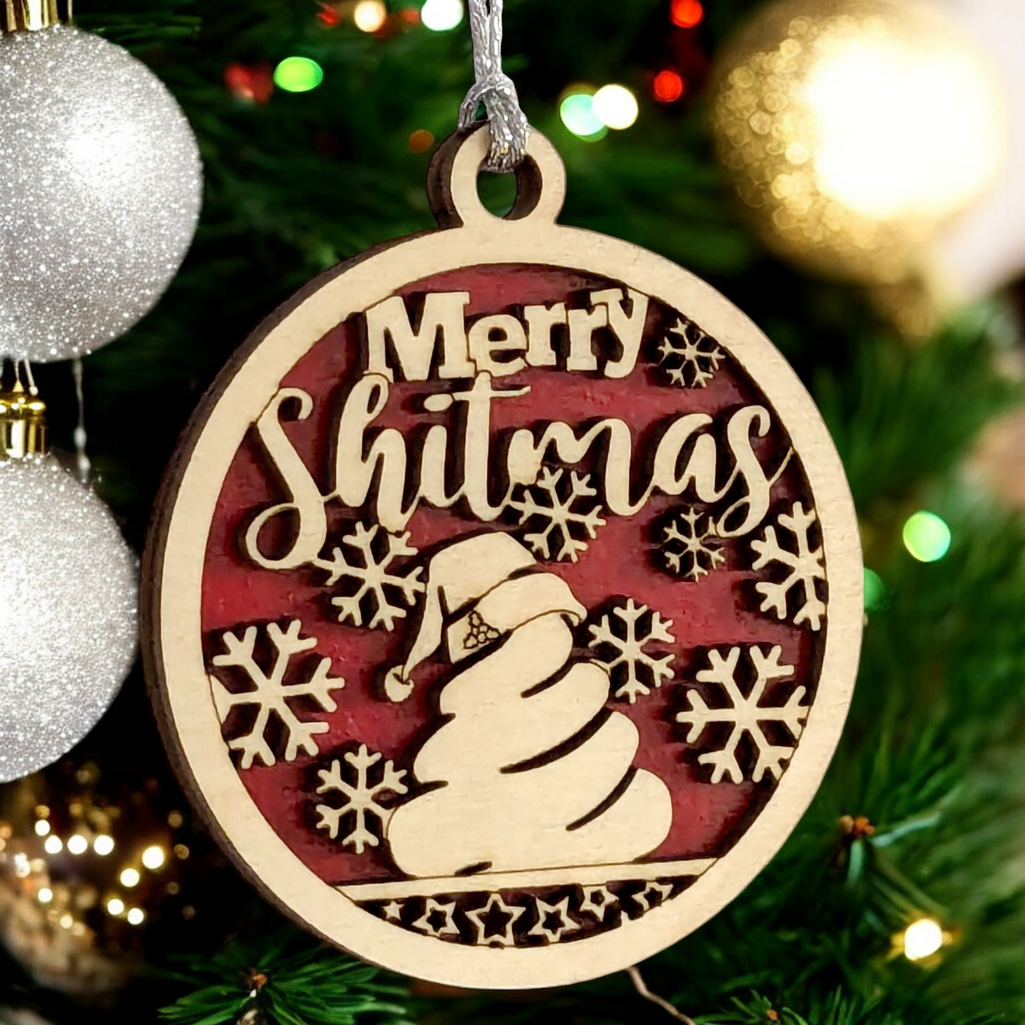 Naughty "Merry Shitmas" 3" Wood Ornament - Funny Adult Gag Gift for Christmas Tree Decor