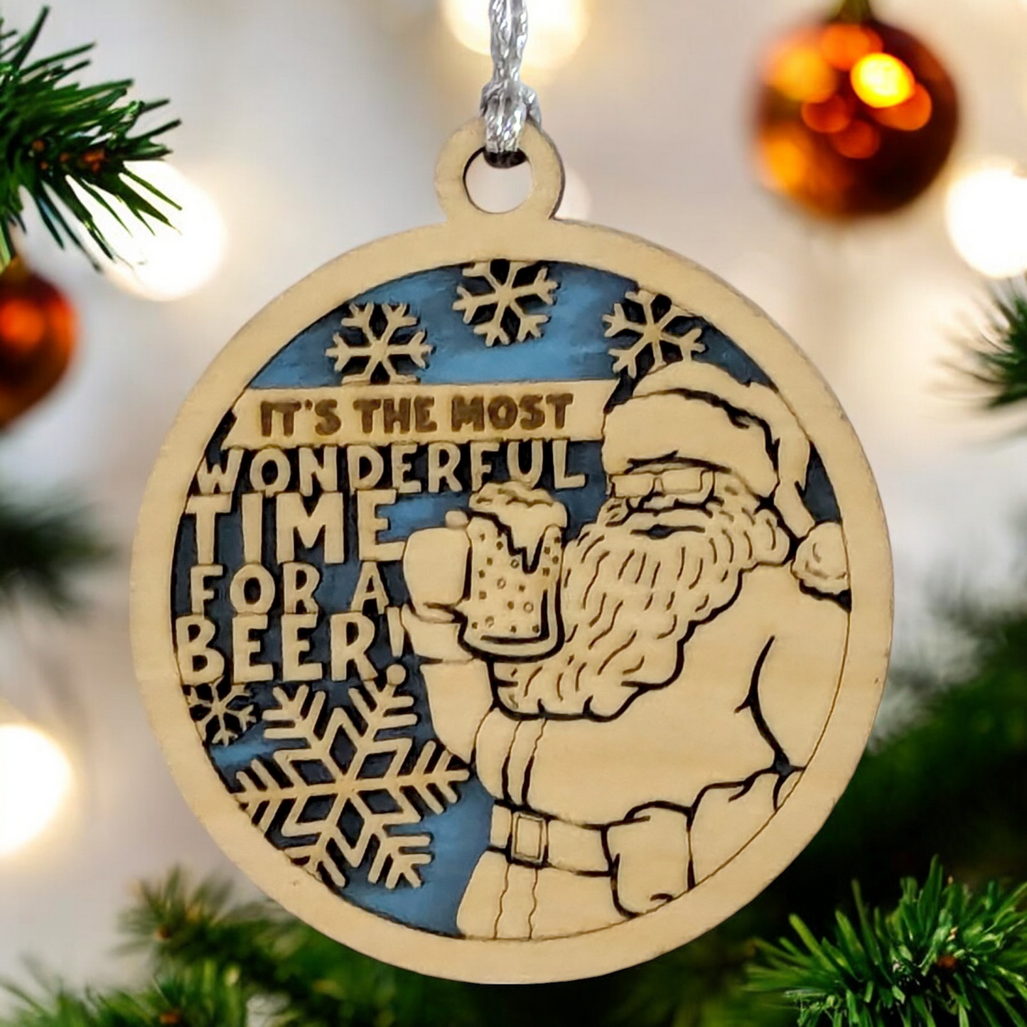 Funny Santa Beer Christmas Ornament - Naughty Wood Laser Cut Decoration - Handmade in USA