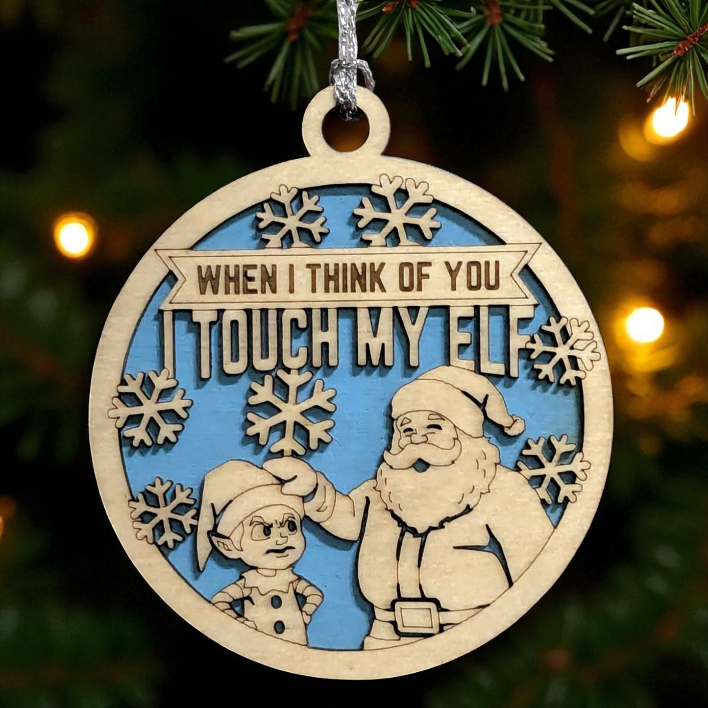 3" Round Two Layer Laser Cut Ornament - Funny Santa & Elf Humor, Sarcastic Holiday Decor, Handmade in USA, Natural Wood Xmas Tree Decoration with Snowflakes, Perfect Adult Comedy Gift