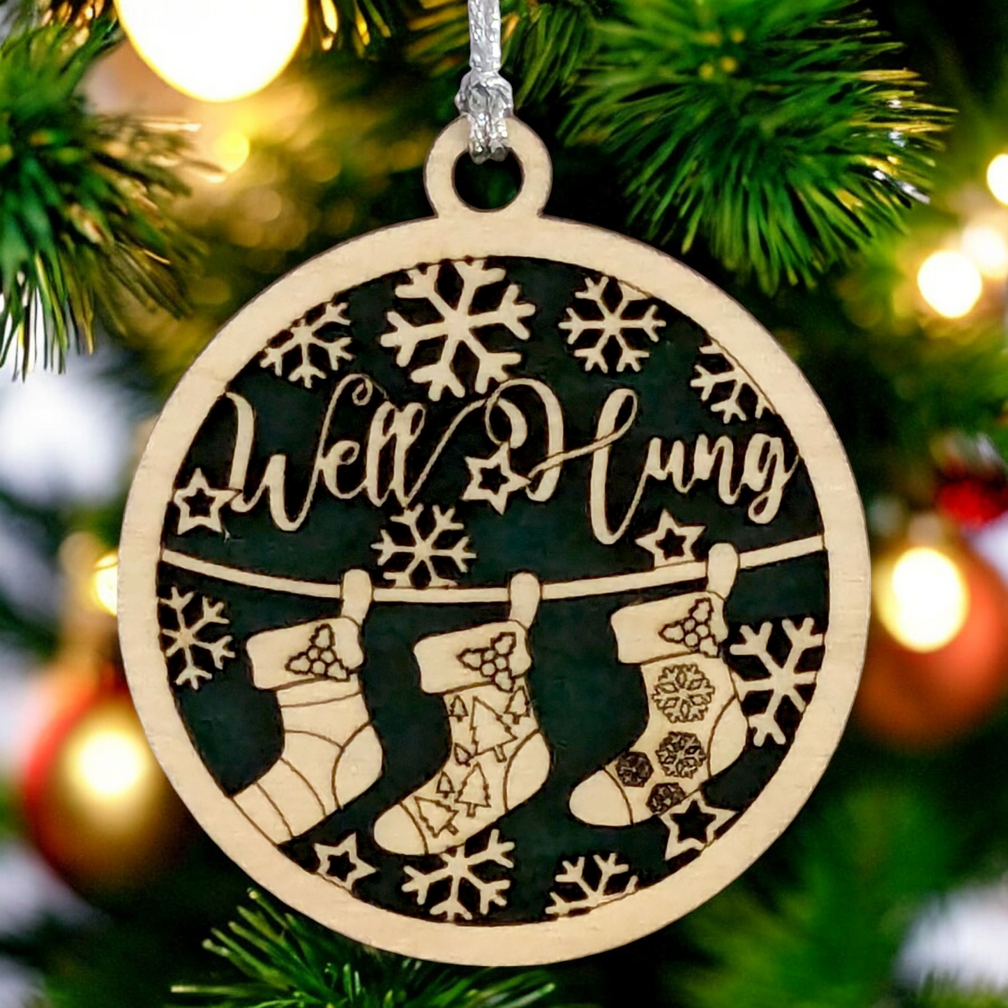 Naughty Christmas 3" Wood Ornament - Well Hung Stockings Funny Adult Humor - Handcrafted Laser Cut Round Tree Decor - Oregon USA Made Gag Gift
