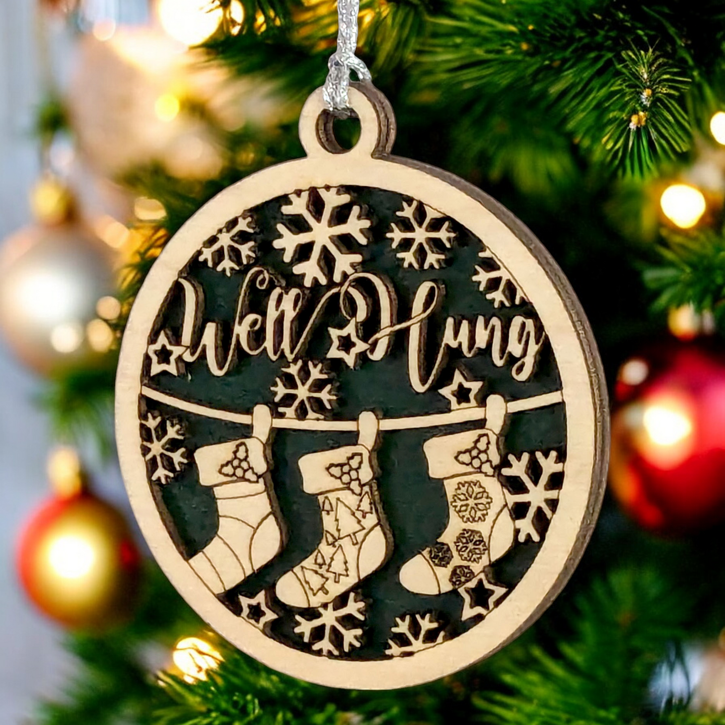 Naughty Christmas 3" Wood Ornament - Well Hung Stockings Funny Adult Humor - Handcrafted Laser Cut Round Tree Decor - Oregon USA Made Gag Gift