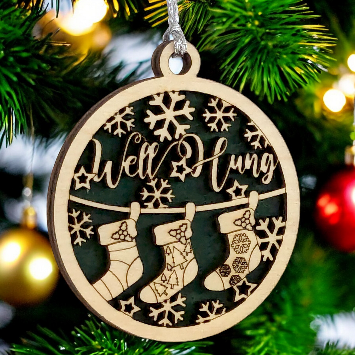 Naughty Christmas 3" Wood Ornament - Well Hung Stockings Funny Adult Humor - Handcrafted Laser Cut Round Tree Decor - Oregon USA Made Gag Gift