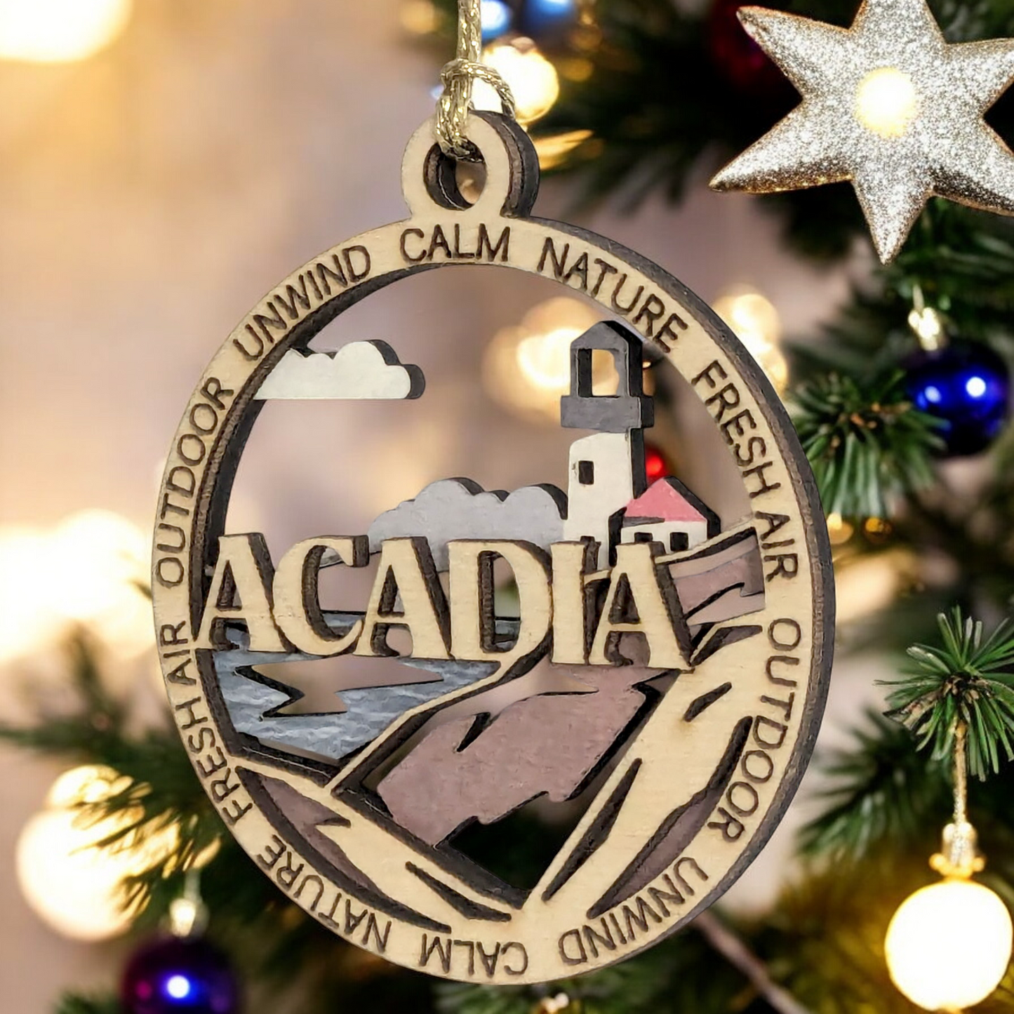 Acadia National Park Lighthouse - 3" Round Wood Christmas Ornament, Handmade in USA, 2-Layer Laser Cut with Color Artwork