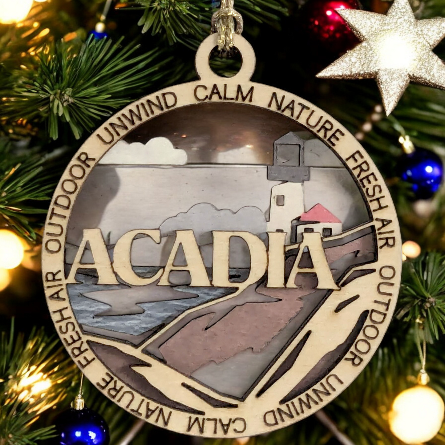Acadia National Park Lighthouse - 3" Round Wood Christmas Ornament, Handmade in USA, 2-Layer Laser Cut with Color Artwork