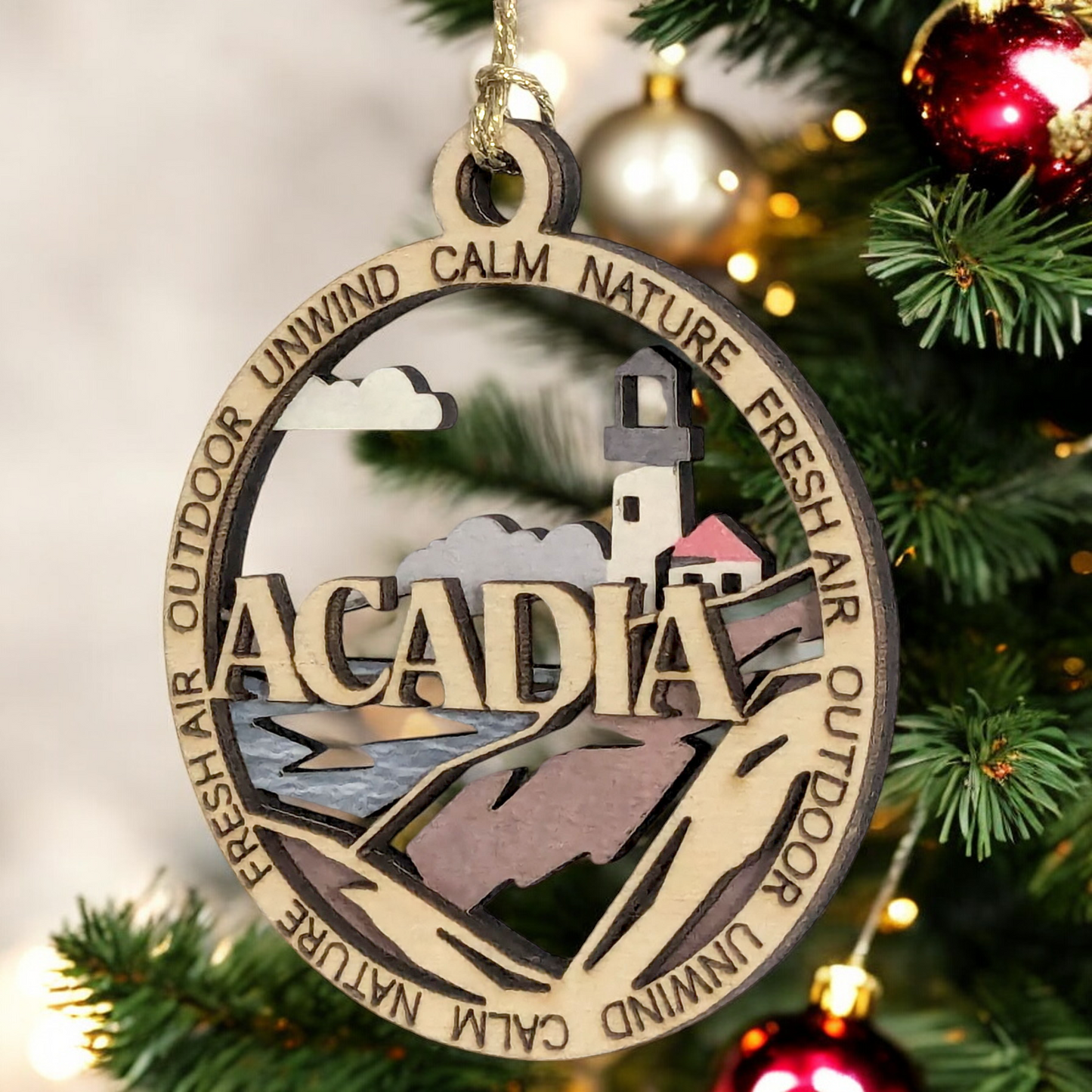 Acadia National Park Lighthouse - 3" Round Wood Christmas Ornament, Handmade in USA, 2-Layer Laser Cut with Color Artwork