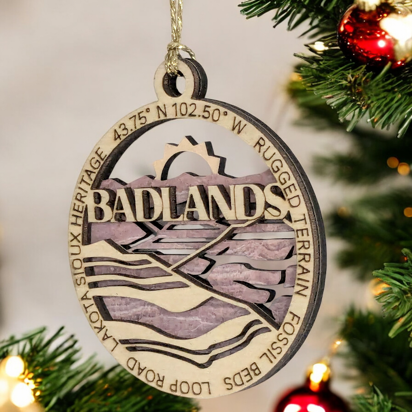 Badlands National Park Scene - 3" Wooden Christmas Ornament, Fossil Beds, Lakota Sioux Heritage, Handcrafted in Oregon