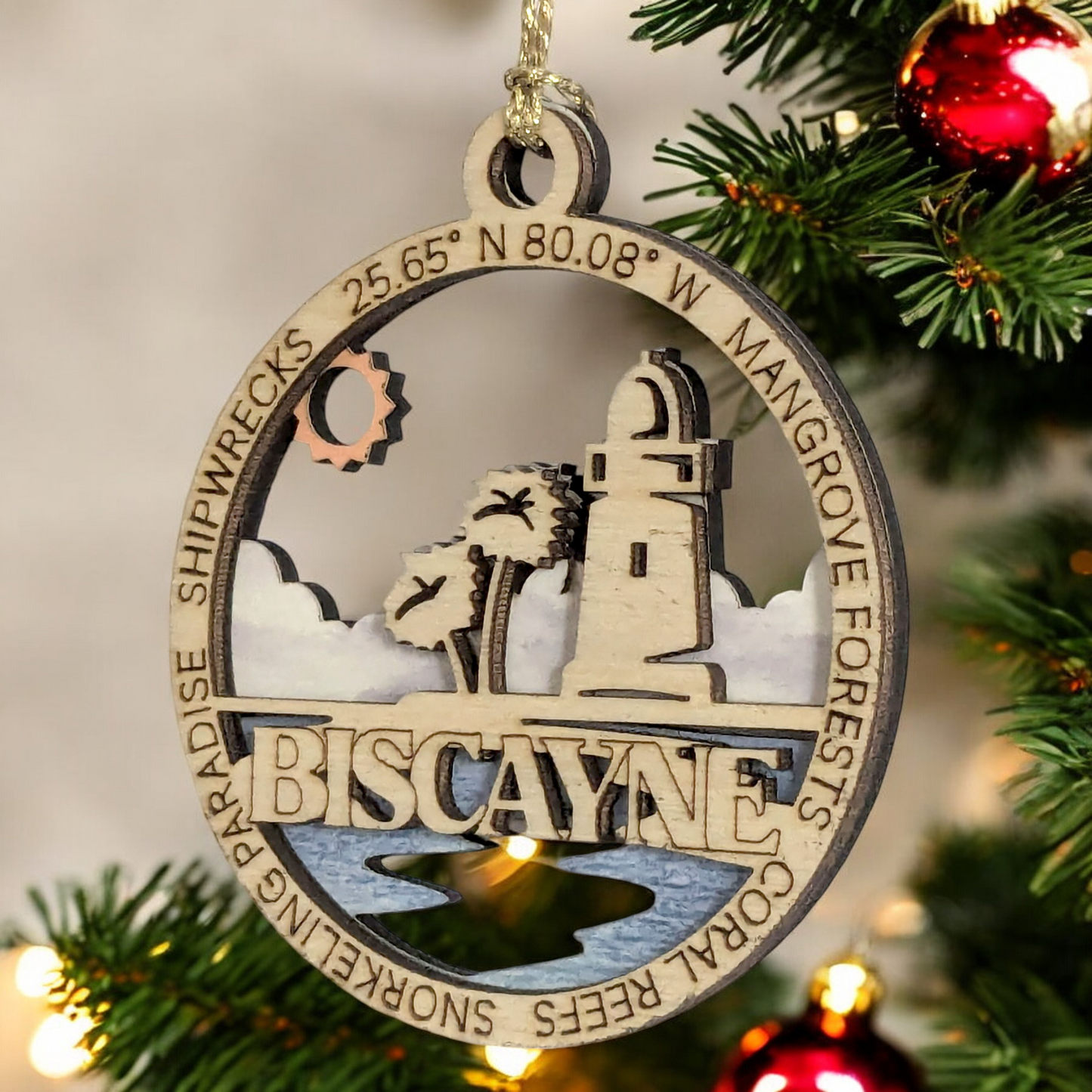 Biscayne National Park Souvenir Handcrafted 3" Lighthouse Ornament - Wood & Full Color Design - Oregon Small Business