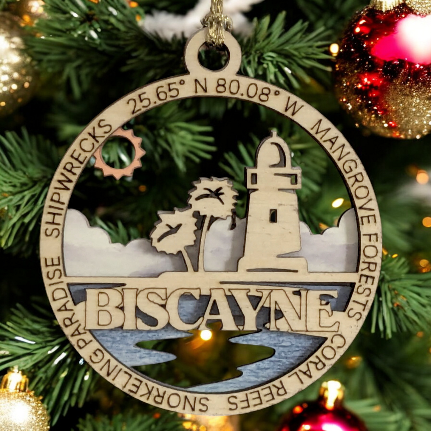 Biscayne National Park Souvenir Handcrafted 3" Lighthouse Ornament - Wood & Full Color Design - Oregon Small Business