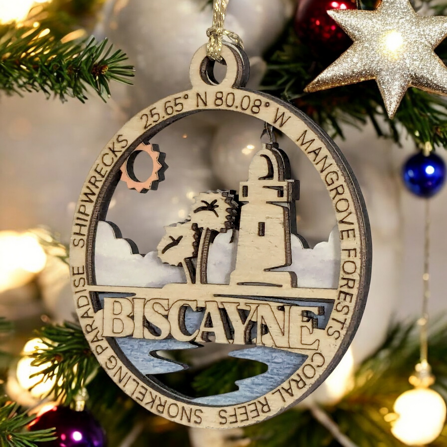Biscayne National Park Souvenir Handcrafted 3" Lighthouse Ornament - Wood & Full Color Design - Oregon Small Business