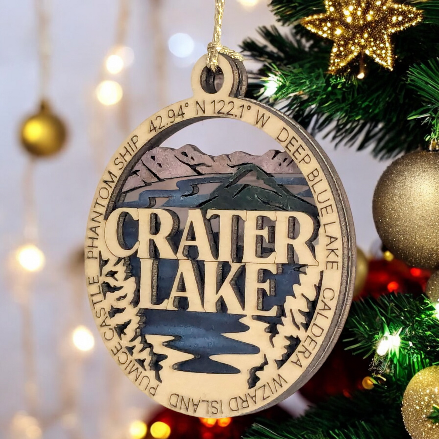 Crater Lake National Park Wood Ornament - Laser Cut Christmas Decoration, Handmade in Oregon USA
