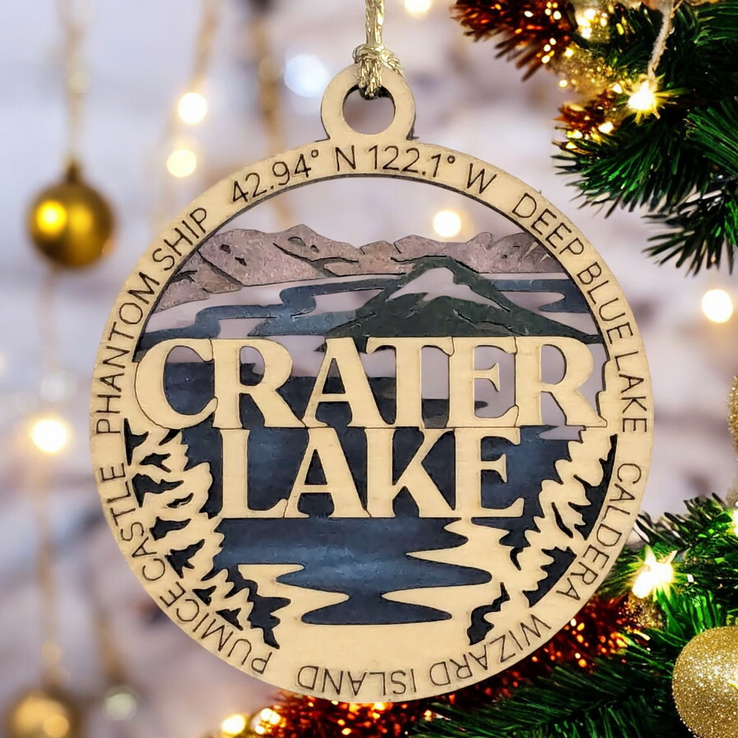 Crater Lake National Park Wood Ornament - Laser Cut Christmas Decoration, Handmade in Oregon USA