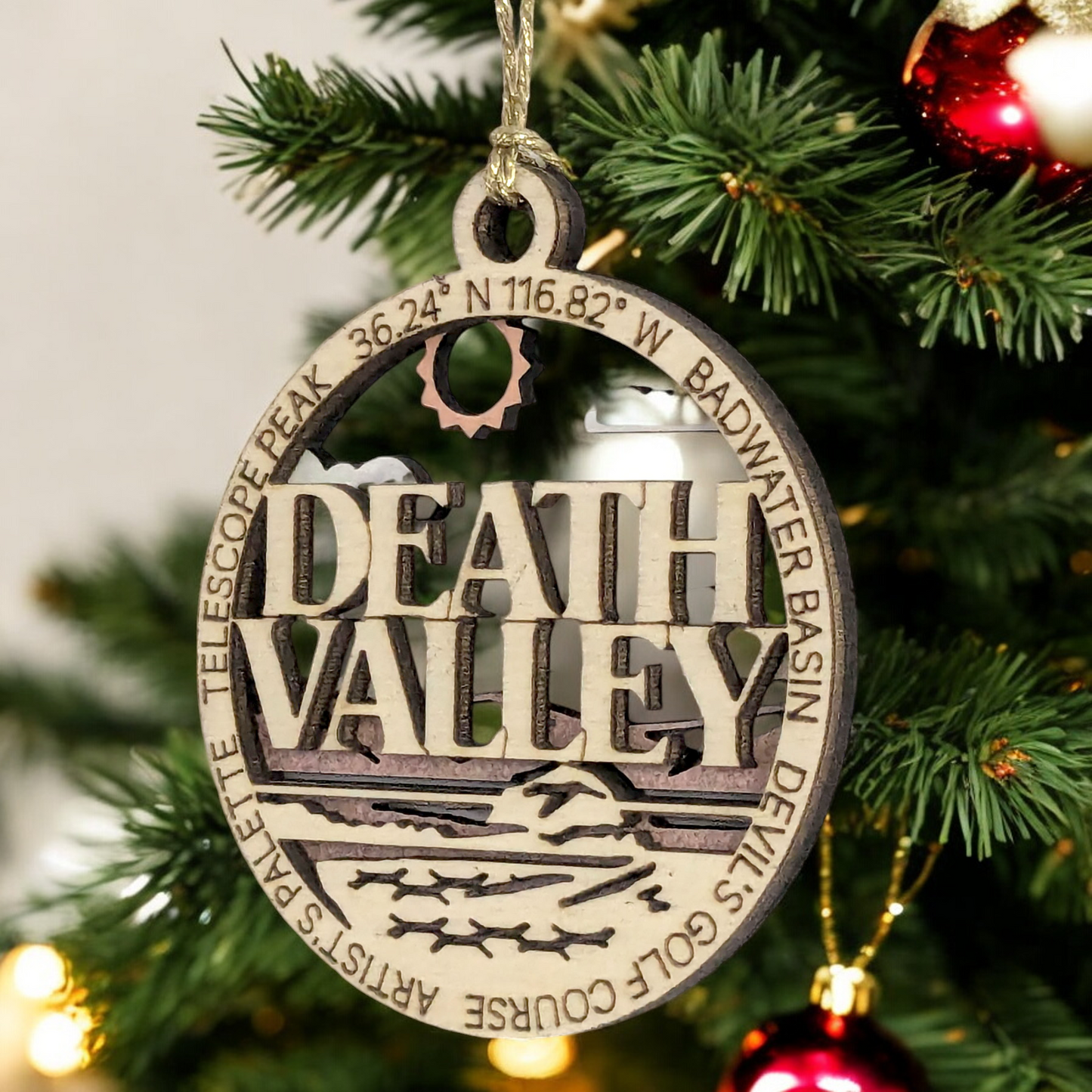 Death Valley National Park Handcrafted Wood Christmas Ornament - 3" Laser Cut Souvenir with Desert Scene