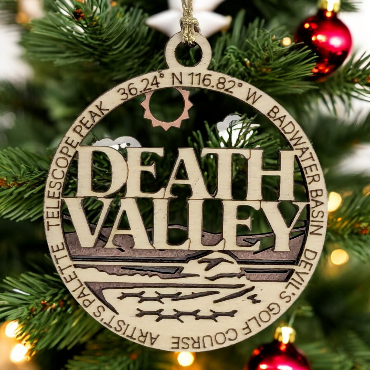 Death Valley National Park Handcrafted Wood Christmas Ornament - 3" Laser Cut Souvenir with Desert Scene