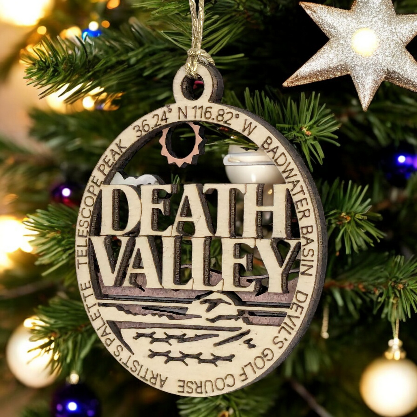 Death Valley National Park Handcrafted Wood Christmas Ornament - 3" Laser Cut Souvenir with Desert Scene