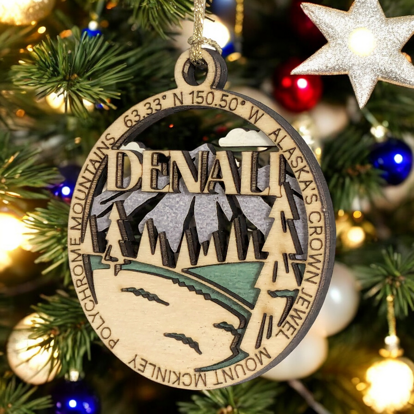 Denali National Park 3" Wood Ornament - Alaska's Crown Jewel Christmas Decoration, Handcrafted 2-Layer Laser Cut Design