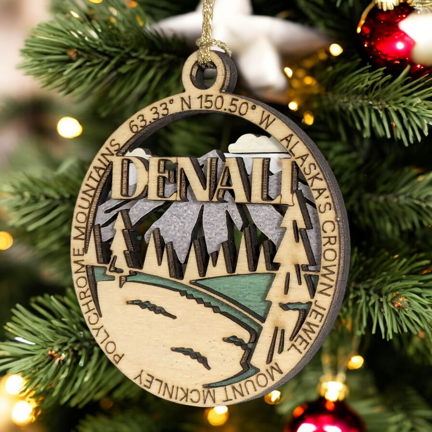 Denali National Park 3" Wood Ornament - Alaska's Crown Jewel Christmas Decoration, Handcrafted 2-Layer Laser Cut Design