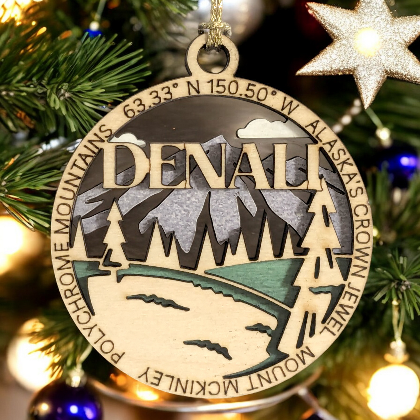 Denali National Park 3" Wood Ornament - Alaska's Crown Jewel Christmas Decoration, Handcrafted 2-Layer Laser Cut Design