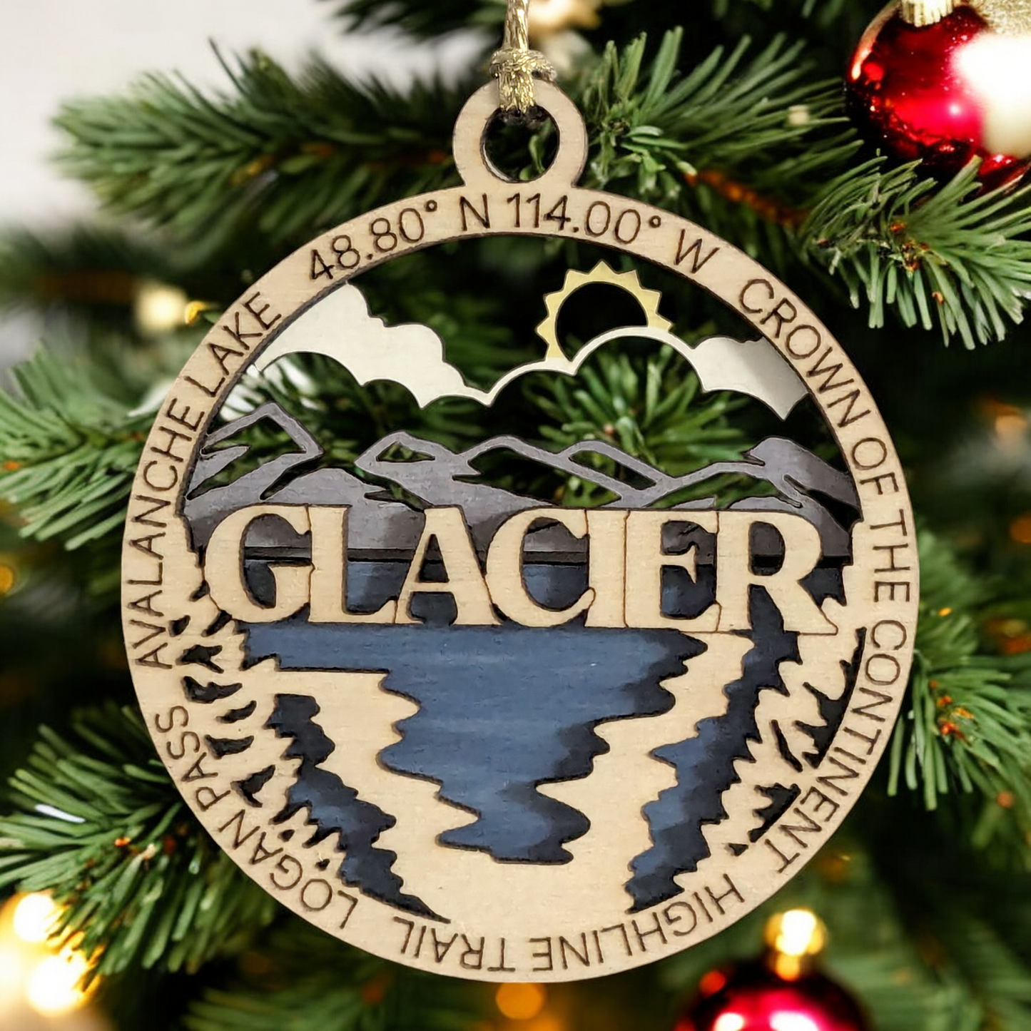 Glacier National Park Ornament - Handcrafted Wooden 3" Round, Avalanche Lake Christmas Decor