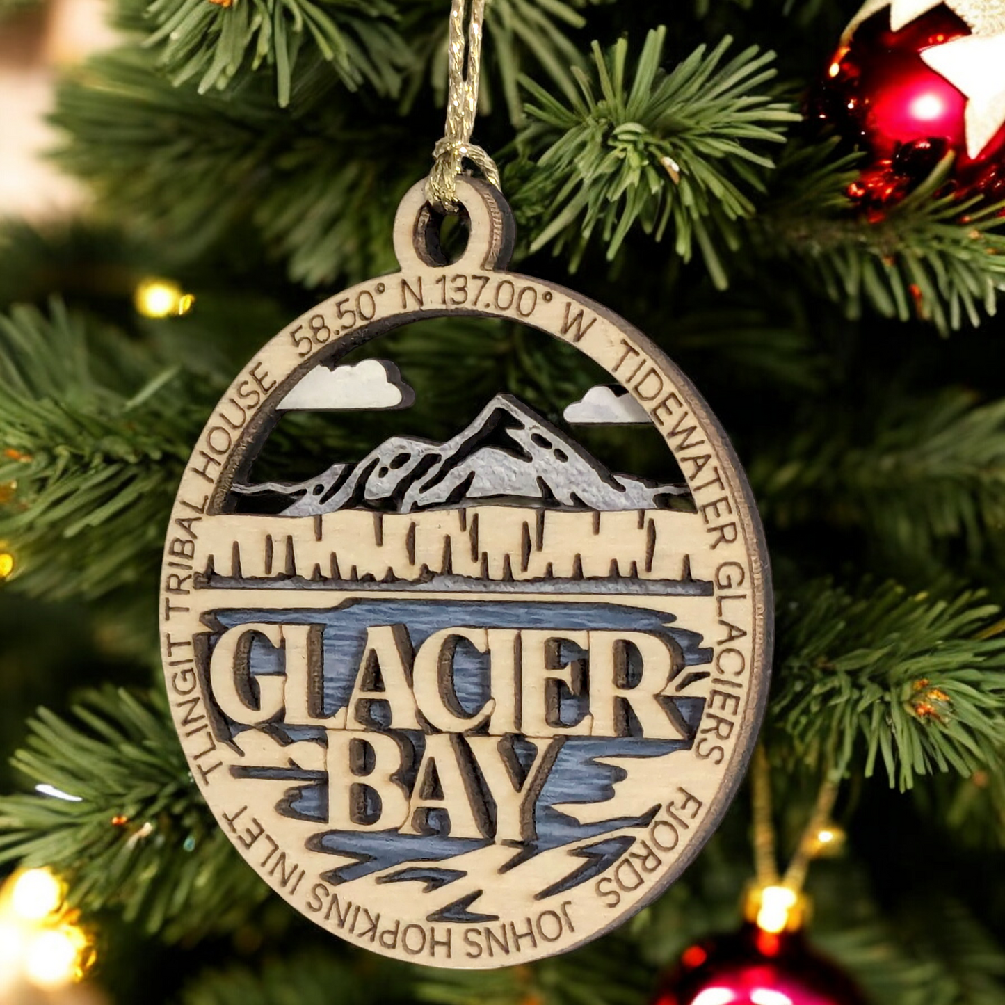 Glacier Bay National Park Scene showcasing Glacier Bay's Tidewater Glaciers & Fjords - 2-Layer Wood Ornament, 3" Round, Laser Cut, Made in USA