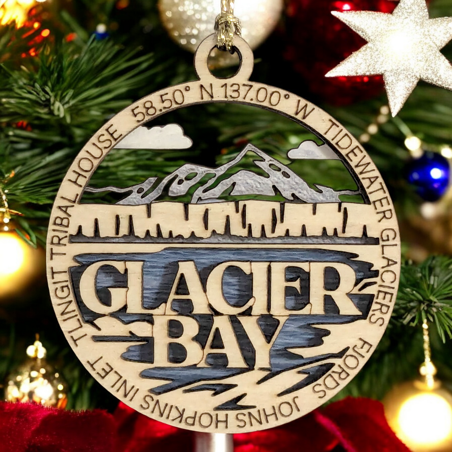 Glacier Bay National Park Scene showcasing Glacier Bay's Tidewater Glaciers & Fjords - 2-Layer Wood Ornament, 3" Round, Laser Cut, Made in USA