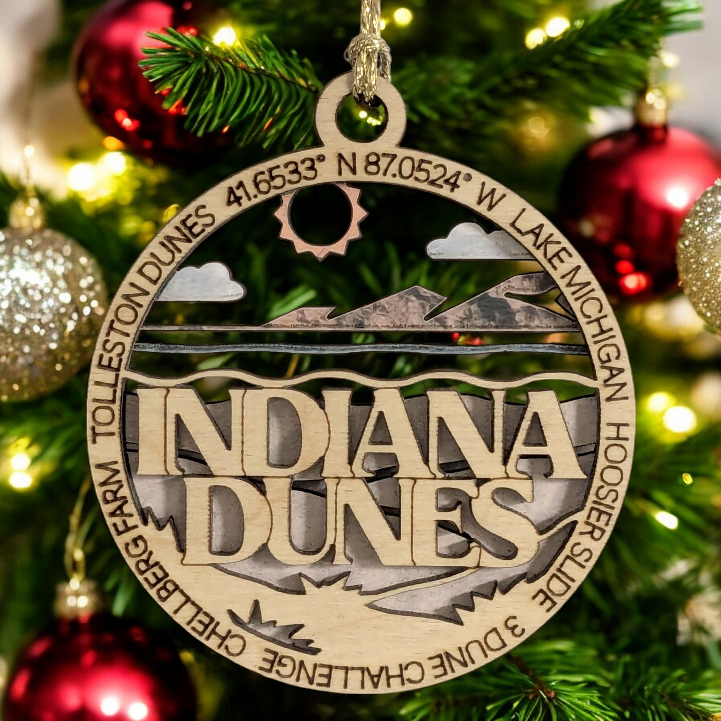 Indiana Dunes National Park 3" Wood Ornament - Laser Cut Christmas Decoration Featuring Dunes Scene