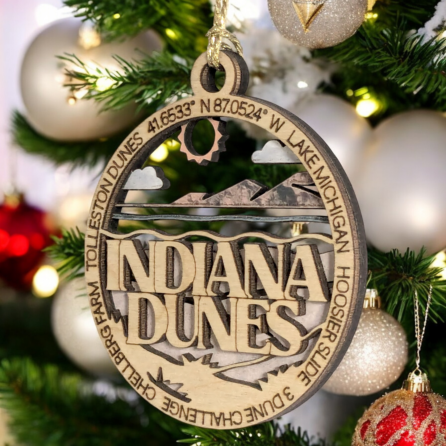 Indiana Dunes National Park 3" Wood Ornament - Laser Cut Christmas Decoration Featuring Dunes Scene