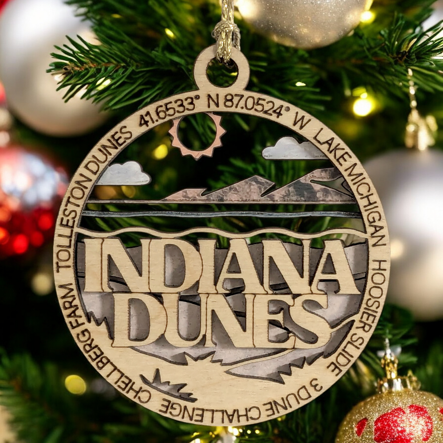 Indiana Dunes National Park 3" Wood Ornament - Laser Cut Christmas Decoration Featuring Dunes Scene