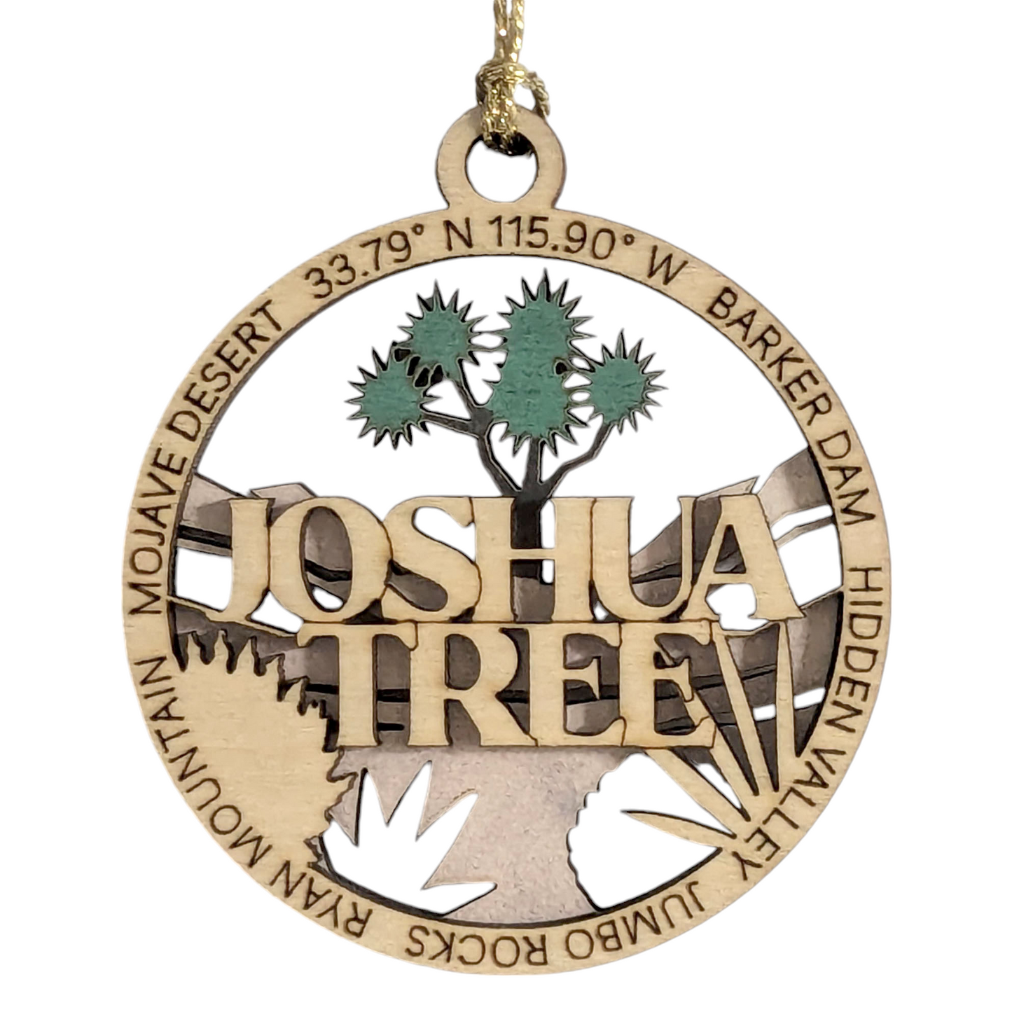 Joshua Tree National Park 3" Christmas Ornament - Laser Cut Wood, 2-Layer Design featuring Mojave Desert Landscape, USA-Made