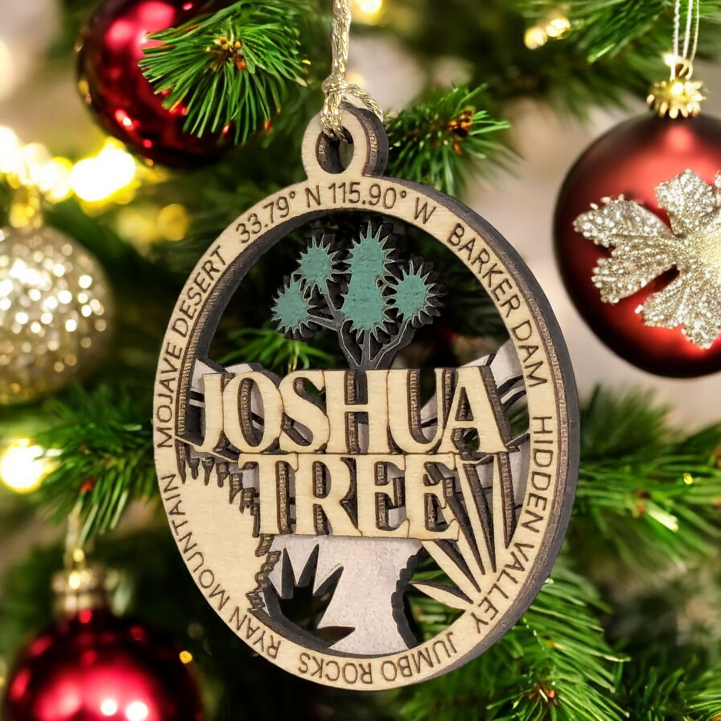Joshua Tree National Park 3" Christmas Ornament - Laser Cut Wood, 2-Layer Design featuring Mojave Desert Landscape, USA-Made