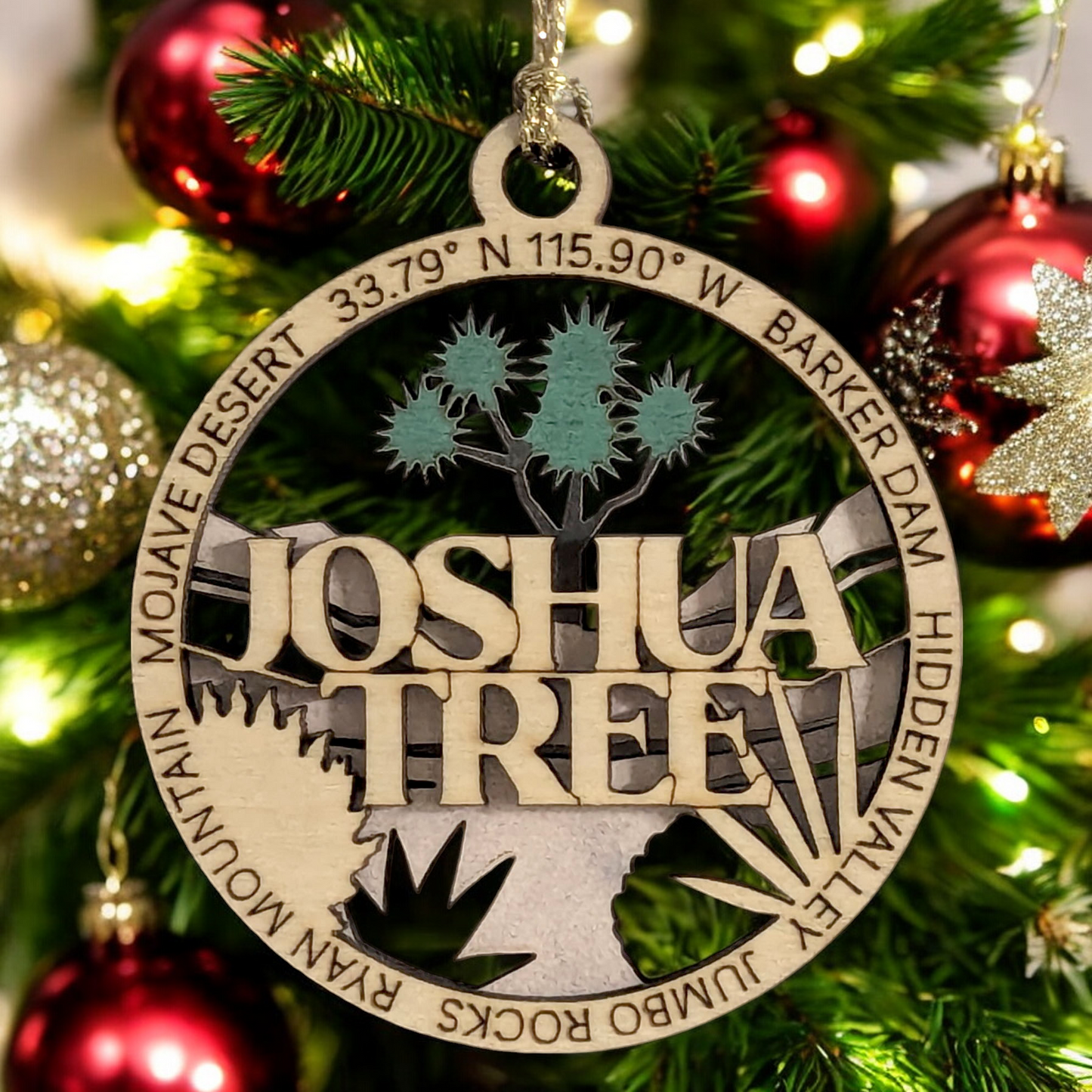 Joshua Tree National Park 3" Christmas Ornament - Laser Cut Wood, 2-Layer Design featuring Mojave Desert Landscape, USA-Made