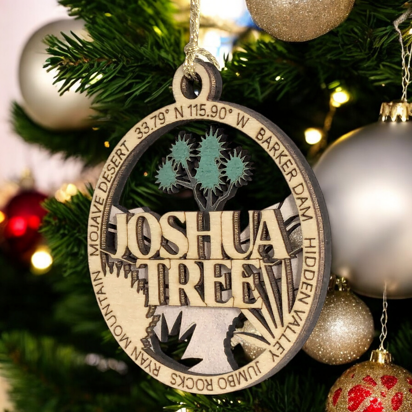 Joshua Tree National Park 3" Christmas Ornament - Laser Cut Wood, 2-Layer Design featuring Mojave Desert Landscape, USA-Made