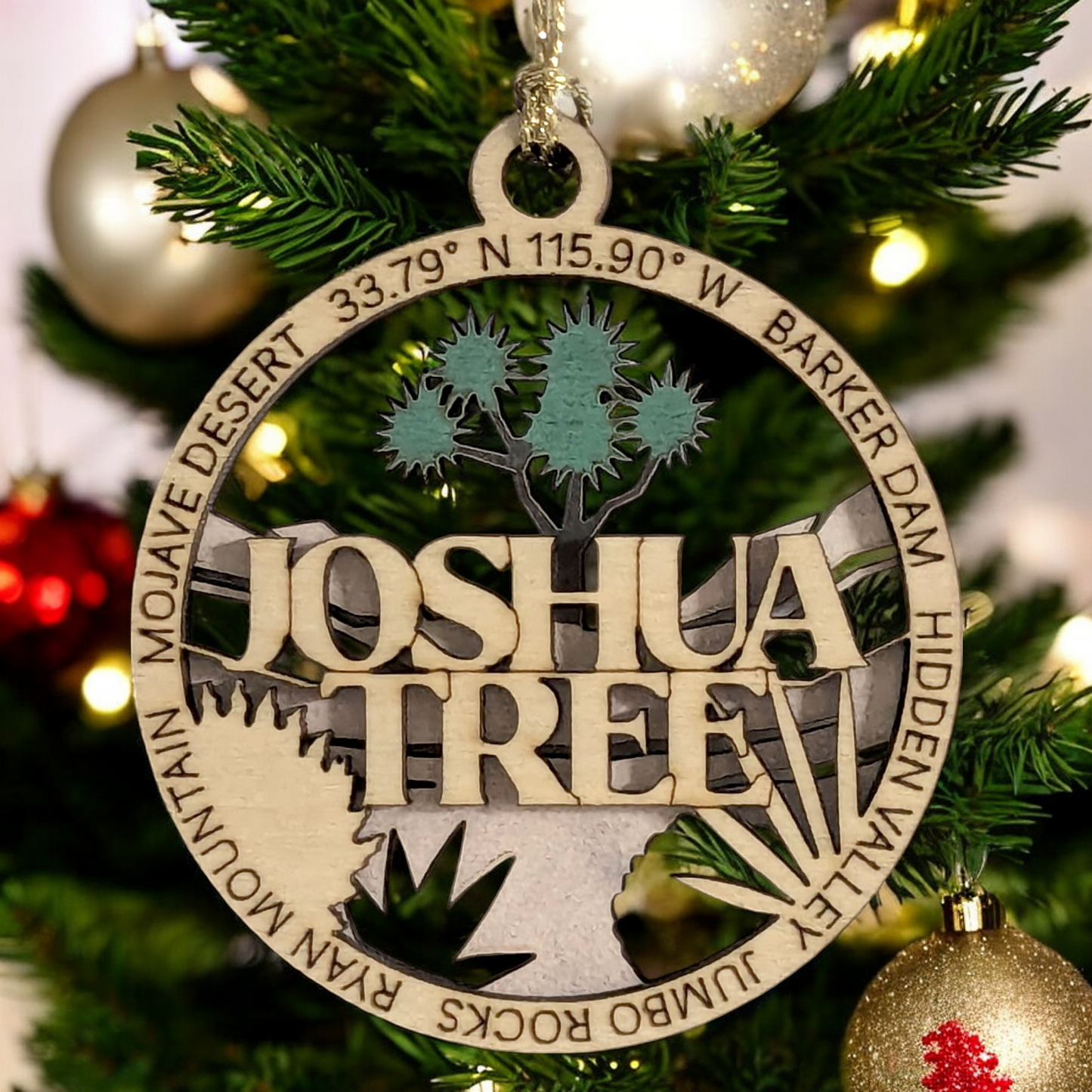Joshua Tree National Park 3" Christmas Ornament - Laser Cut Wood, 2-Layer Design featuring Mojave Desert Landscape, USA-Made