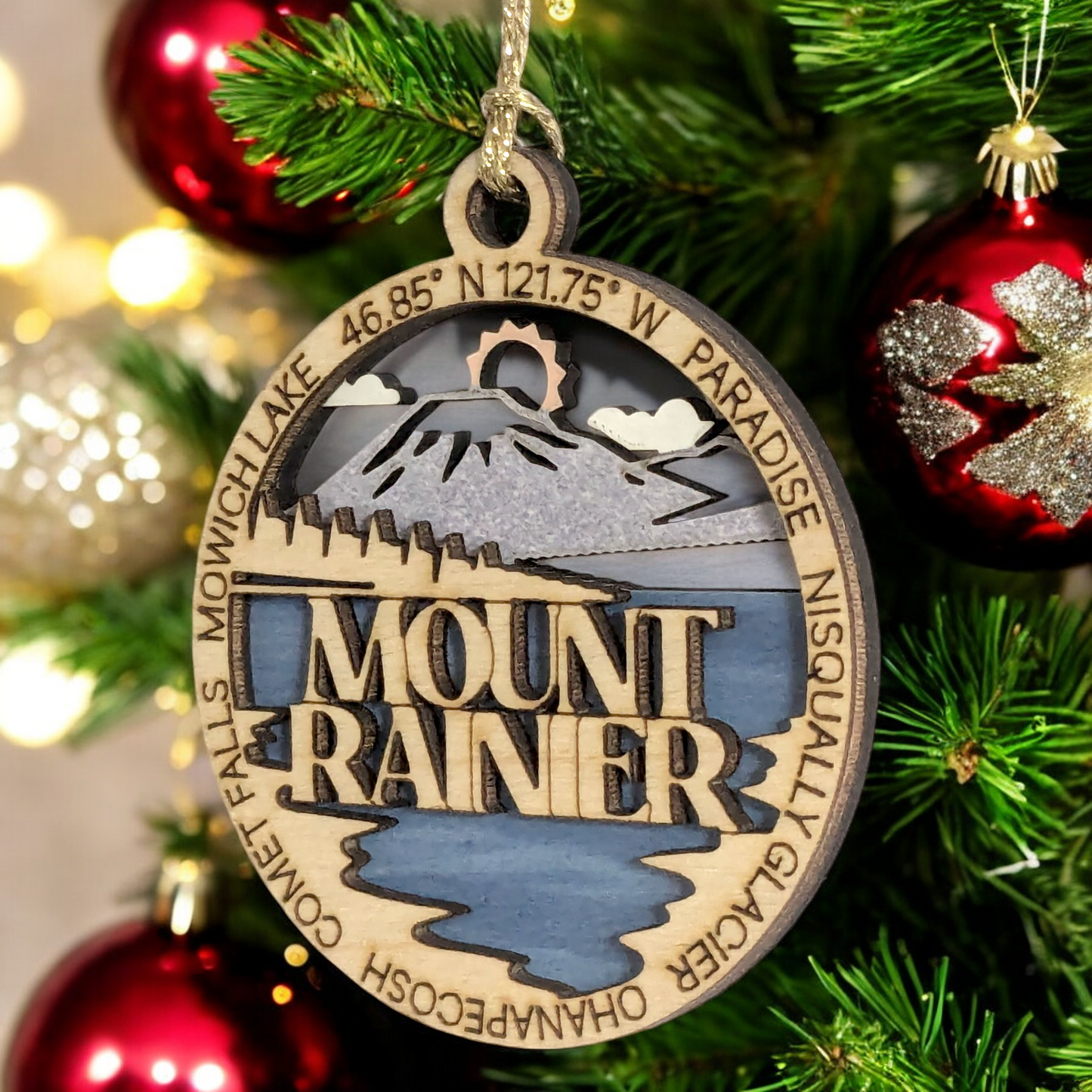 Mount Rainier National Park Wooden Ornament - Handcrafted 3" Christmas Decoration featuring Mowich Lake