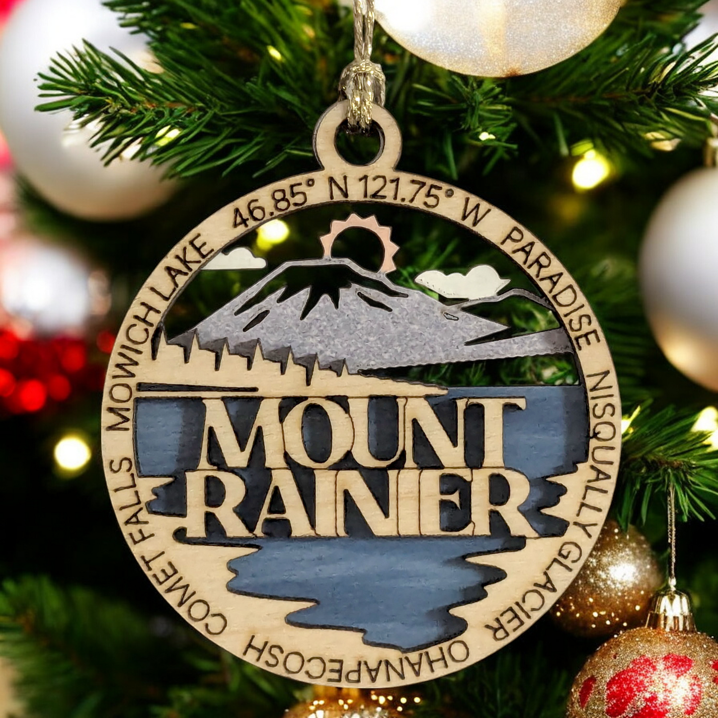 Mount Rainier National Park Wooden Ornament - Handcrafted 3" Christmas Decoration featuring Mowich Lake